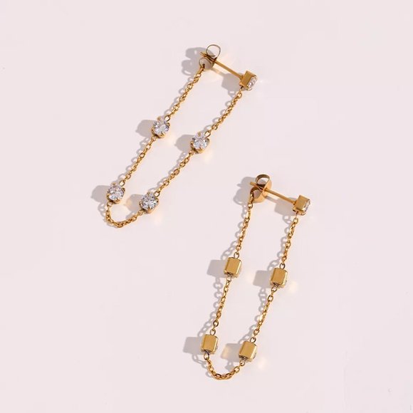 18K Gold Plated Chic Geometric Zircon Chain Drop Earrings Stainless Steel - Picture 8 of 9
